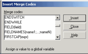 Insert merge codes window